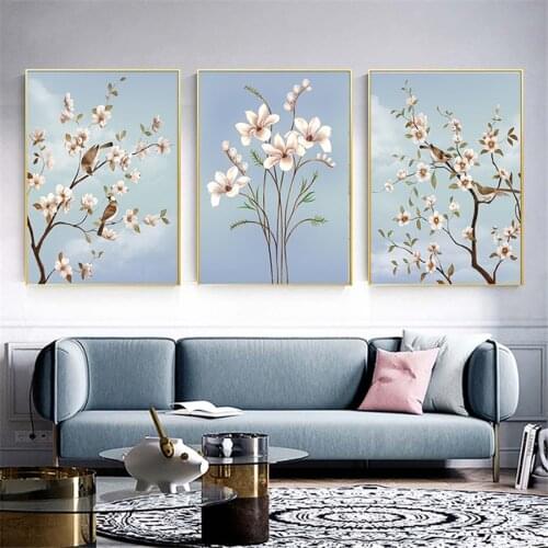 Pink Blooming Flower Tree Birds Animal Canvas Painting Posters and Prints Landscape Wall Art Picture for Living Room Home Decor