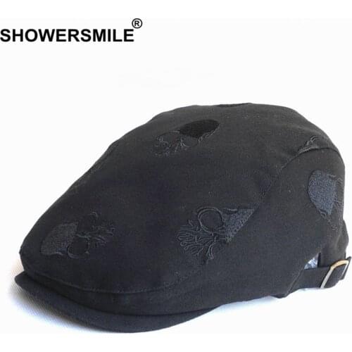SHOWERSMILE Men Flat Cap Embroidery Skull Cotton Beret Hats Male Black Casual Solid Spring Summer Adjustable Driving Ivy Caps
