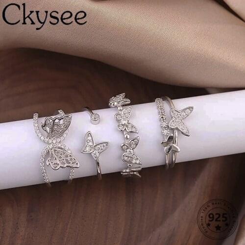 Ckysee Shiny 925 Sterling Silver Rings Zircon Butterfly Ring Opened Adjustable Rings For Women Original Fine Jewelry Silver 925