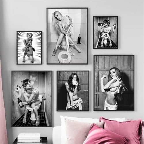 Fashion Sexy Women Wall Art Poster Toilet Wall Art Print Smoking Wine Lollipop Canvas Painting Modern Pictures Living Room Decor