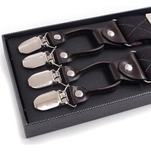 Men Black Plaid Y-Shape Suspender With Non-Slip 6 Clips Elastic Adjustable Brace L93F