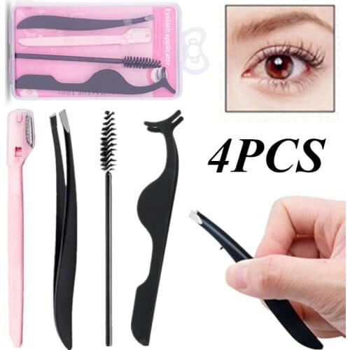 4pcs/set Professional Women Eyelash Beauty Eyebrow False Aid Trimmer Brush Tweezer Grooming Kit