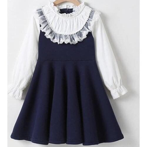 School New Girls Clothing Dress Baby Casual Dress Kids Patchwork autumn Children Long Sleeve Dress Blue White