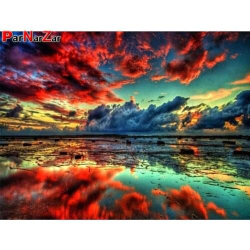 ParNarZar Round Diamond Painting Sunset Embroidery Scenery Cross Stitch Kit Evening Glow Rhinestones Mosaic Home Decoration