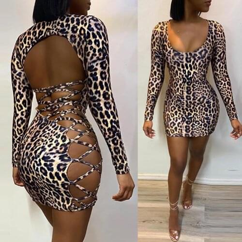 Sexy Leoapard Print Bandage Dress Party Clubwear Women Backless Hollow Out Bodycon Slim DressLace-up Prncil Mini Dress