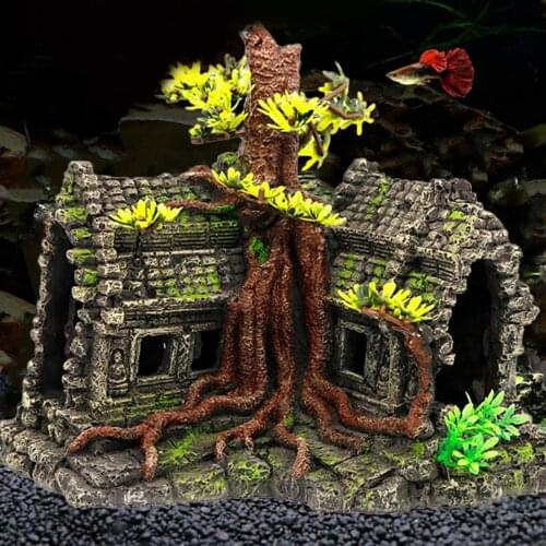 Resin Artificial Fish Tank Ancient Decoration Aquarium Landscape Vintage House Chinese Style Hut Building Fish Tank Decoration