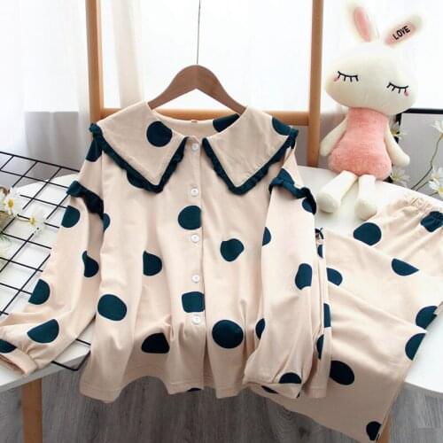 Knitted Pajamas Womens Cotton Comfortable Home Wear Spring Summer Thin Long-sleeved Large Size Solid Color Navy Collar Pajamas