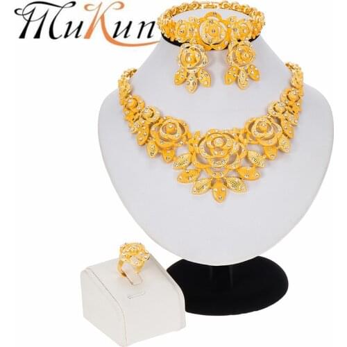 Nigeria Dubai 24K Gold jewelry sets African bridal wedding gifts party for women Bracelet Bowknot Necklace earrings ring sets