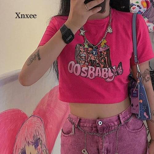 Sweet Anime Print Y2K Summer Clothing Sexy Female Slim Women T-Shirt Punk Cool Streetwear Ladies Crop Top Tshirt Gothic Clothes