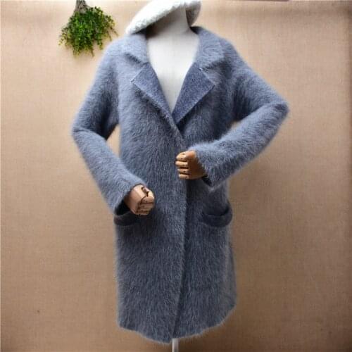 Ladies women fashion grey mink cashmere knitted suit collar long sleeves loose cardigan angora fur winter jacket coat sweater
