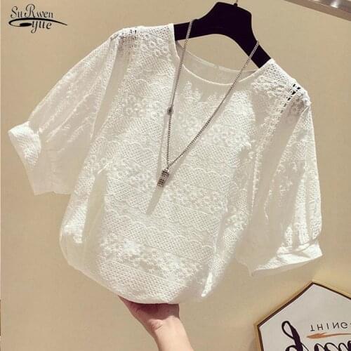Korean Fashion Summer Loose White Shirts Embroidery Cotton Casual Lace Blouse Women O-Neck Hollow Floral Sweet Top Femme 15378
