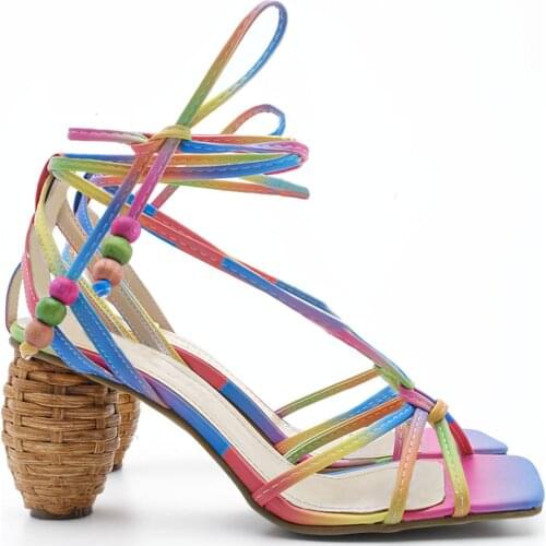 Womens Multicolor Drawstring Heeled Sandals - Cukve