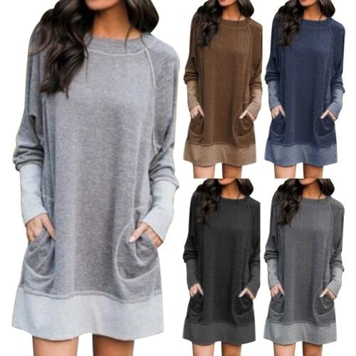 Dresses for women 2021 O Neck Long Sleeve Pockets Loose Mini Dress Sweatshirt Pullover women dress ladies Casual robe femme