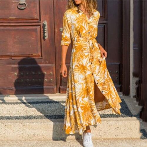Women Long Sleeve Printed Shirt Dress Ladies Turn-down Collar Long Dresses Autumn High Waist Lace Up Sundress Party Dresses