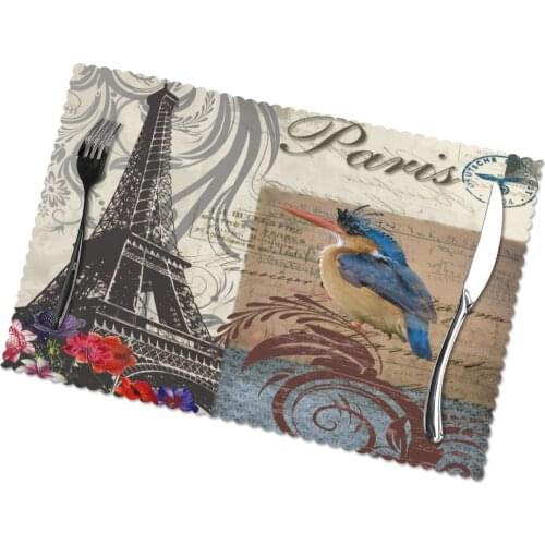 6 PCS Placemat Paris Bird And Eiffel Tower Fabric Table Mats Tableware Kitchen Tool Table Mats