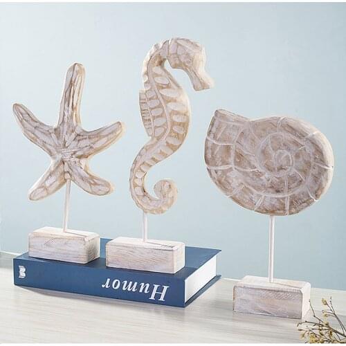 3pcs Wooden Crafts Home Decor Statue Seahorse Star Conch Decorations Seahorse Figurines Nautical Style Table Sculptures Ornament