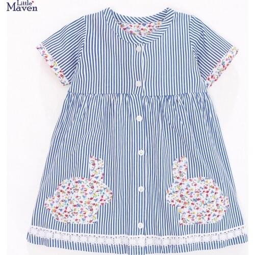 Kids Frocks for Girls Summer Toddler Clothes Blue Striped Bunny Applique Vestiods Dress Cotton Button Shirtdress for 2-7 Years