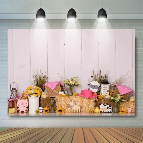 Child 1st birthday Photography Background Animal Theme Flower Pig Cow Ship Props Wood Wall Colorful Farm Backdrop Photo Studio