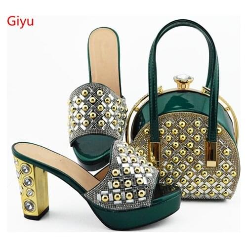 Doershow High Quality African Style GREEN color Ladies Shoes And Bags Set Latest Italian Shoes And Bag Set For Party!!SKO1-3