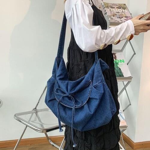 Denim Blue Canvas School Bag For Teenage Girl Large Capacity Casual Travel Bag Student Bookbag Fashion Women Shoulder Bag