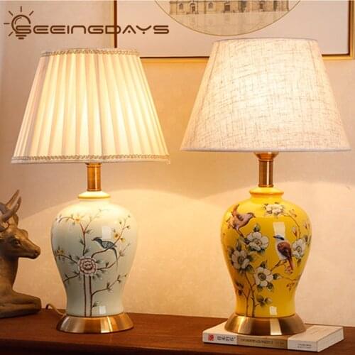 Yellow Flower and Birds Ceramic Table Lamp American Retro Style Bedroom Lamps for Living Room Study New Chinese Bedside Lamp
