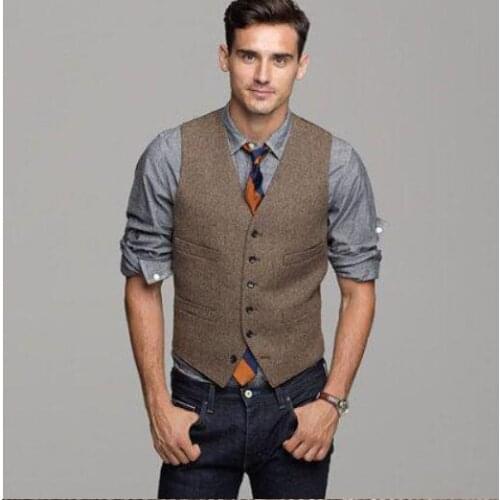 Brown Wool Herringbone Tweed Vest Mens Suit Vests Slim fit Groom Vests Vintage Wedding Waistcoat Unique Mens Dress Vest Plus S