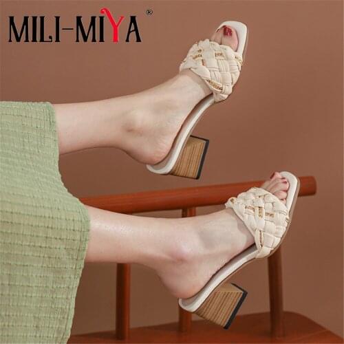 MILI-MIYA New Cross Woven Fish Mouth Square High Heels Slippers Women Braided Designer Sandals Summer Party Dress Casual Shoes