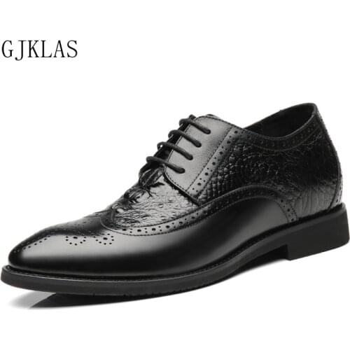 Mens Formal Shoes Genuine Leather Brogue Elevator Shoes for Men Wedding Dress Black Office Shoes Men Classic Hidden Heel Oxford