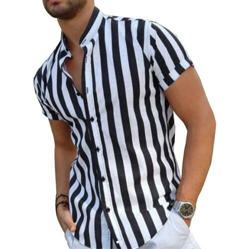 Mens Short Sleeve Collarless Striped Printed Casual Shirts Henley Tee Blouse Button Shirt Loose Streetwear Blouse Chemise Men