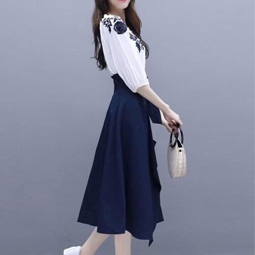 2021 new casual temperament goddess fan dress spring and autumn suit female one-shoulder chiffon printed skirt two-piece