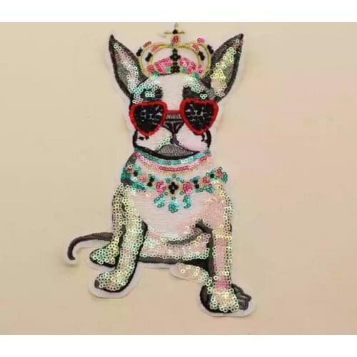 New Arrival Crown Pug Dog Patches Sew on Decorative Patch for Clothes Bag Big Motif Sequined Embroidery Applique