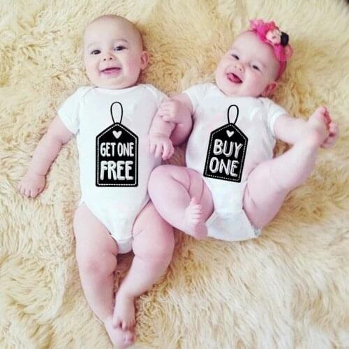 Get One Free and Buy One Printing Baby Twins Rompers Baby Boys Girls Bodysuit Short Sleeve Jumpsuit Baby Funny Twins Sleepwear