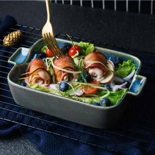 Rectangular Pan Deep Bowl Ceramic Tray with Double Handles Baking Pan Baked Baked Rice Household Bake-ware Heat Resistance 1pcs