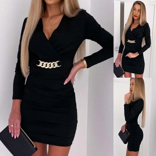 Sagace V-Neck long sleeve mid waist metal chain decoration Vintage hip casual dress black skirt Экзотические платья