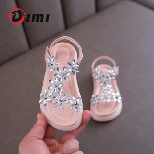 DIMI 2021 Summer Girls Shoes Microfiber Leather Rhinestone Flowers Soft Rubber Non-Slip Sole Cuhk Kids Princess Sandals T2177