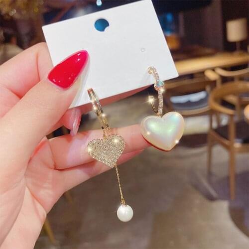 YAOLOGE New Asymmetry Heart Pearl Rhinestone Tassel Alloy Drop Earring For Women 2021 Trend Party Gift Fashion Jewelry Brincos