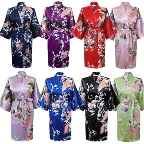 Silk Satin Wedding Bride Japanese Traditional Peacock Bridesmaid Robe Ladies Sleepwear Yukata Kimono Short Dress Nightgown