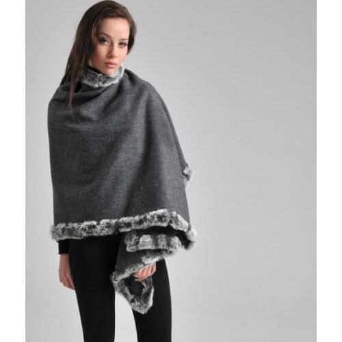 Dark Gray 100% Wool Rabbit Fur Scarf Shawls Korean Style Lady Fashion Wrap Vintage Pashmina Poncho 180*70cm 011605