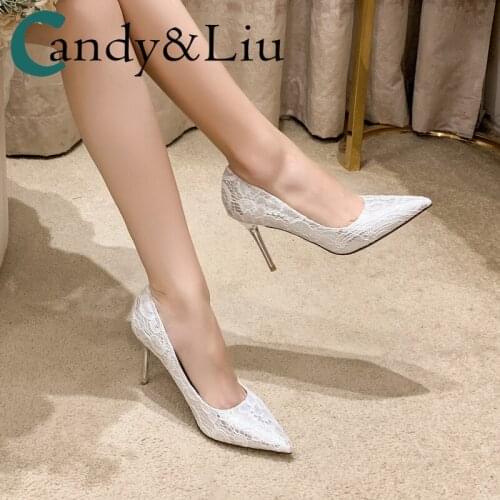 Lace White Wedding Shoes Women Pointed Toe Shallow Mouth High Heels Thin Heeled Banquet Dress Princess Wedding Bride Shoes