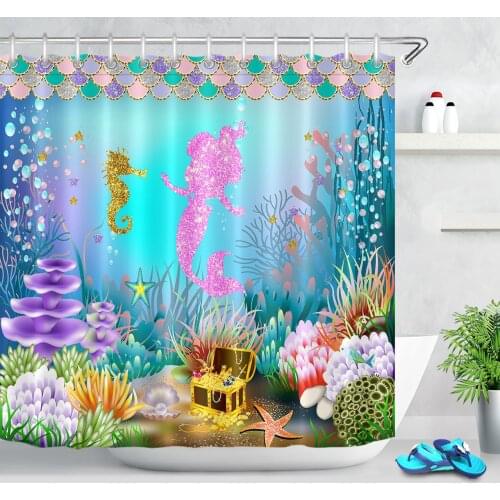 Mermaid Waterproof Shower Curtain with Hooks Fantasy Underwater World Bathroom Curtain Polyester Mildew Proof Bath Curtains