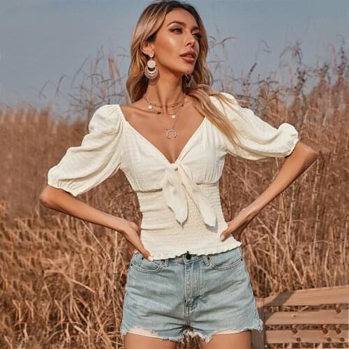 Foridol Half Sleeve V Neck Bowknot Blouse Tops Women Slim Elastic Short Blouse Shirts Summer Crop Top Beige Blusa Mujer 2021