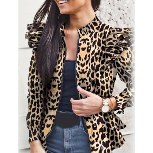2020 Women Stylish Long Sleeve Leopard Camouflage Zip Ruffled Hem Slim Jacket Coat Autumn Female Jacket Casual