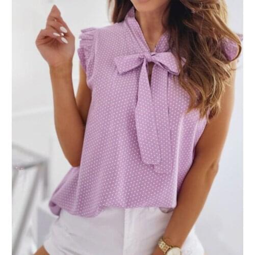 2021 Summer Sexy Womens Blouses Short Sleeves Shirt Bow Lace Up Polka Dot Female Ruffle Pullover Vintage Work clothes T-shirt