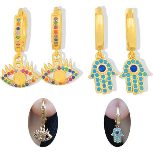 CZ Rainbow Evil Eye Gold Dangle Drop Earrings For Women Turkish Eye Fashion Jewelry Zirconia Blue Eye Fatima Hand Drop Earrings