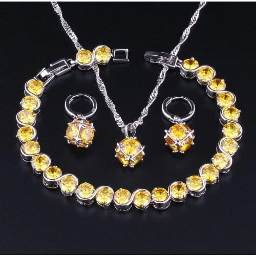 Love Monologue New Yellow Crystal Cubic Zirconia Silver Color Necklace Pendant Earrings Bracelets 4PCS Jewelry Sets X0348