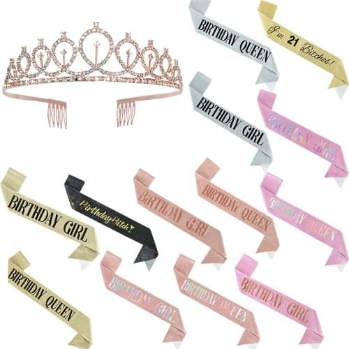 1 Set Bling Rhinestone Crystal Crown Tiara With Birthday Stain Sash For Girl Queens Adult Birthday Party Anniversary Decorations