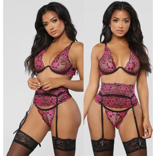 3PCS Sexy Women Lingerie V neck Lace Bra Panties stockings Brief With Garter Belt Set Babydolls Sleepwear Exotic Sets S-XXL