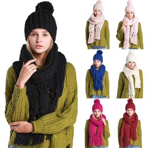 Women Winter 2Pcs Pompom Beanie Hat Tassels Long Scarf Set Solid Color Handmade Braided Cable Knit Skull Cap Neck Warmer
