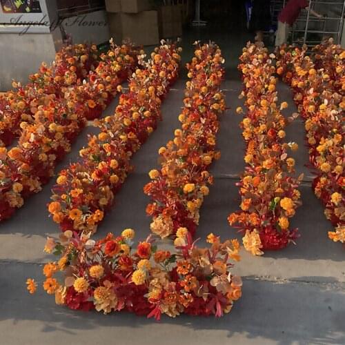 Hot Orange Golden Artificial Flower Arrangement DIY Wedding Road Lead Flower Row Stairs Backdrop Arch Decor Wall Christmas Craft