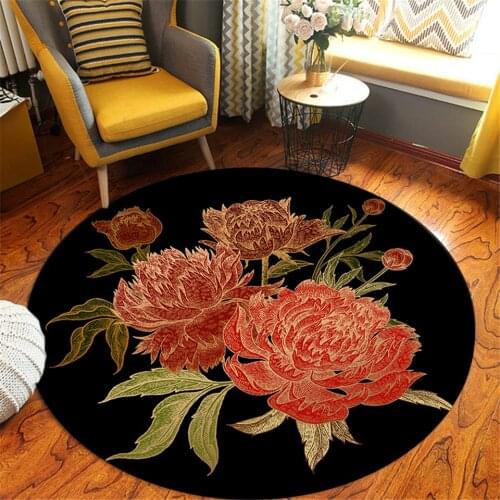 Chinese Style Retro Red Flower Black Round Carpet Area Rug Living Room Coffee Table Mat Chair Mat Anti-slip Floor Mat Decoration